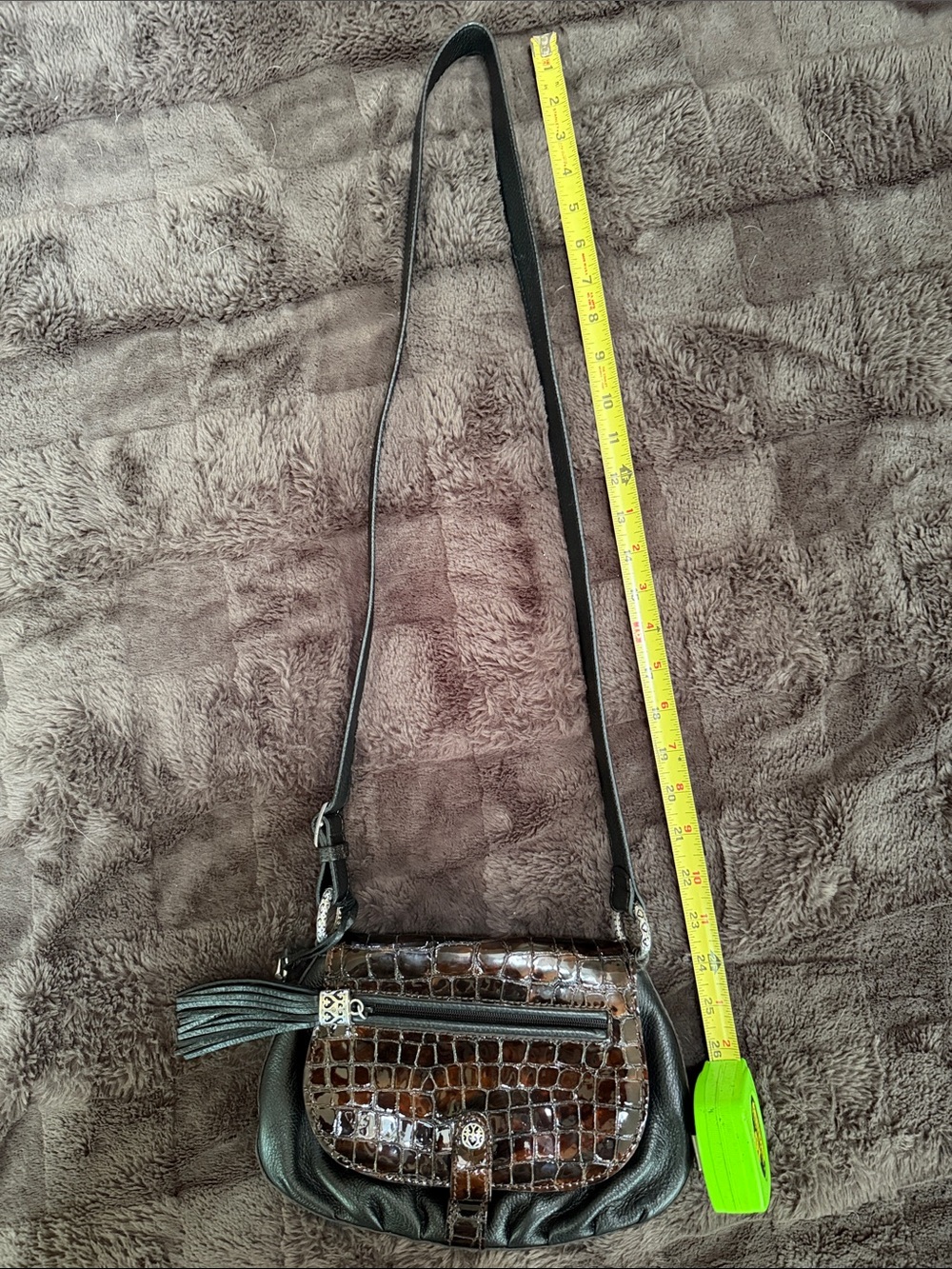 Brighton Glossy Croc-Embossed Brown Crossbody Bag with Tassel - Picture 8 of 8